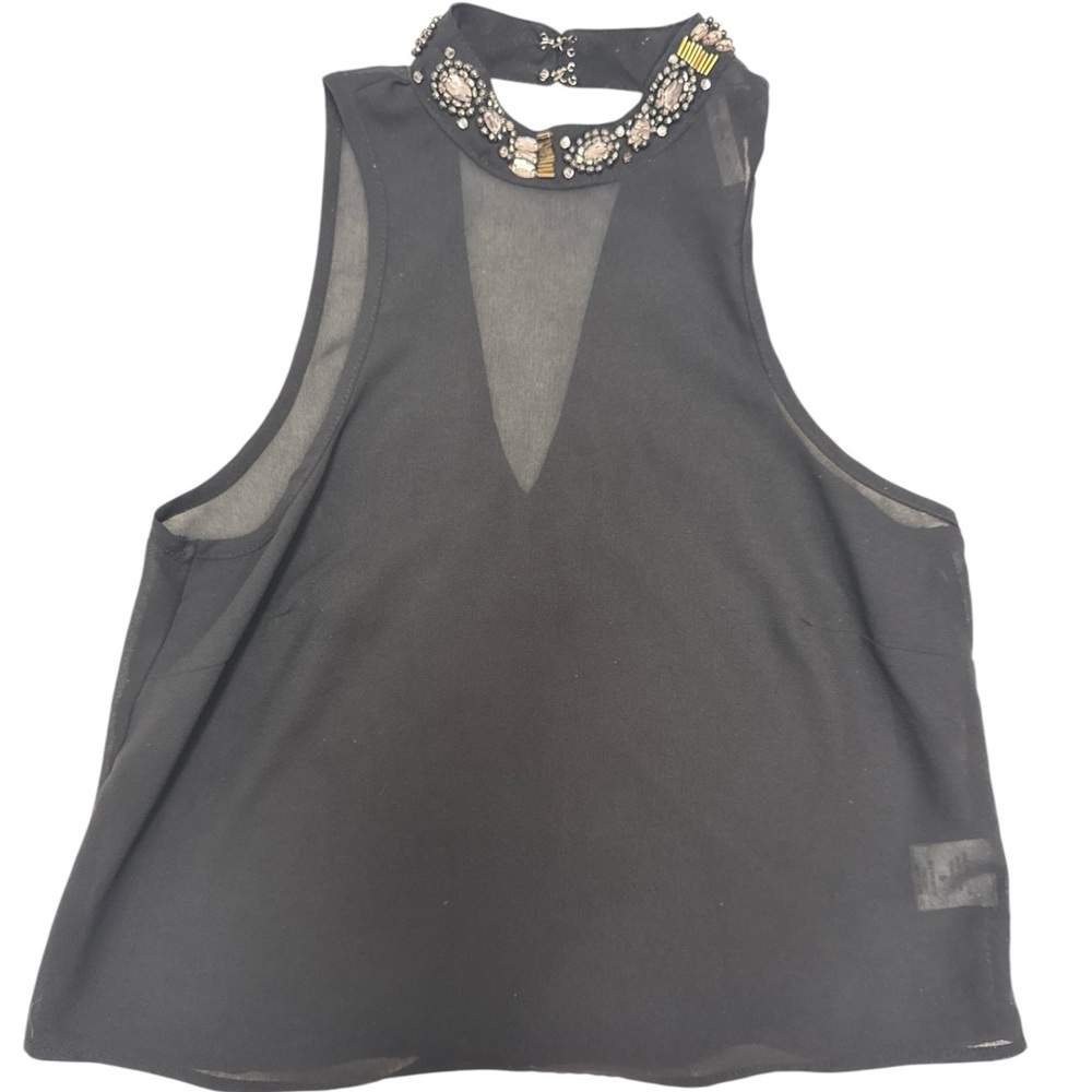 Small Black Cropped Sleeveless beaded mock neck Live For Truth Sheer Blouse